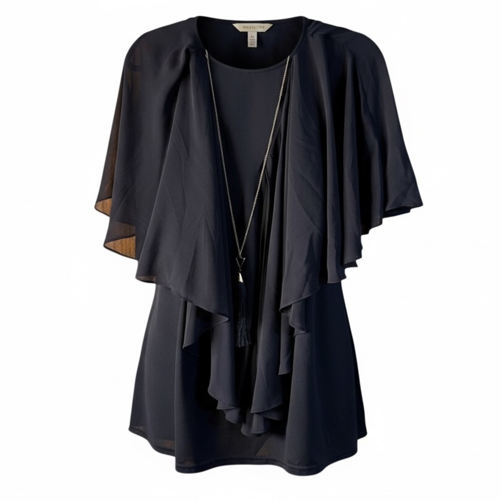 Mira top Avenue Studio Navy Chiffon Layered Top with Necklace – Plus Size